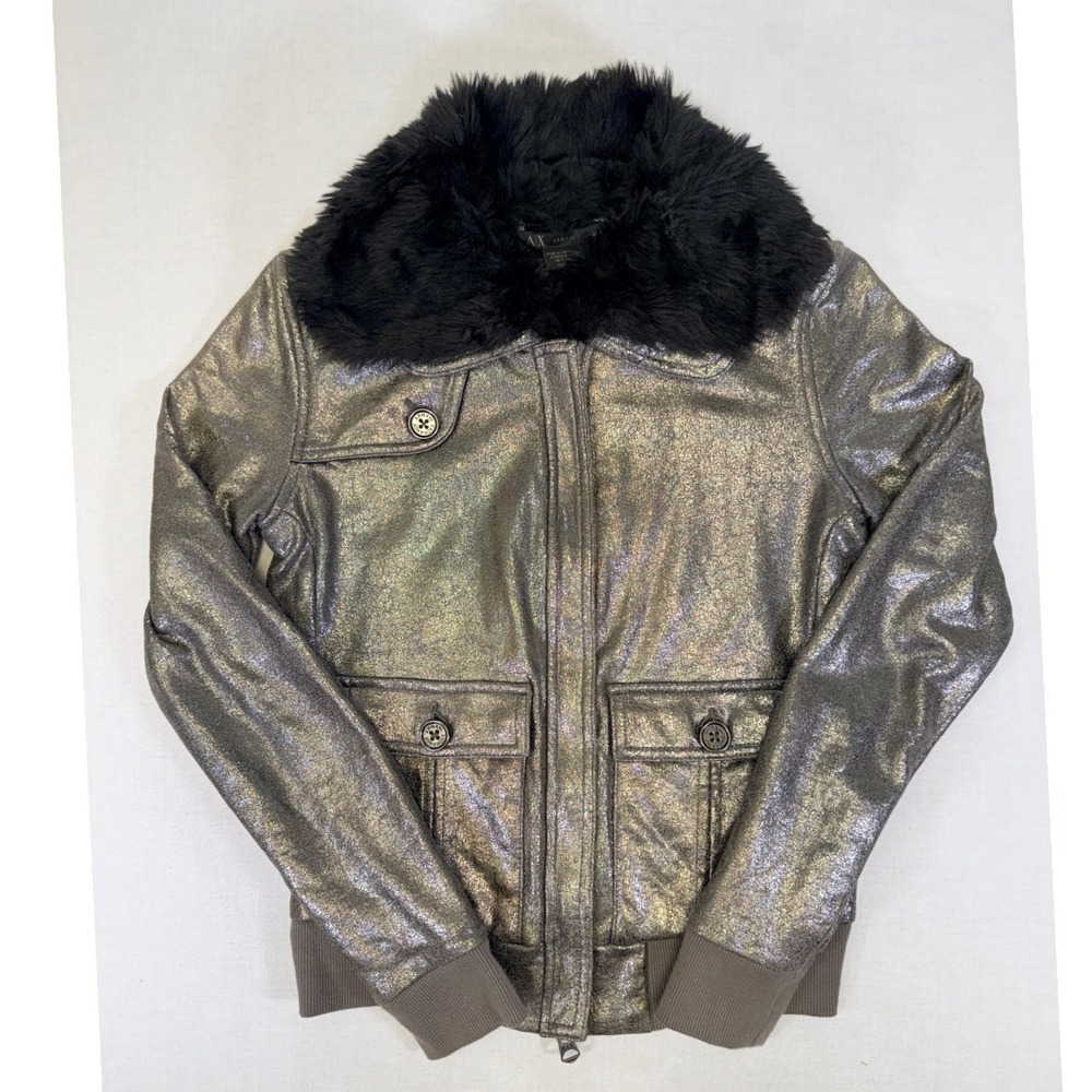 Armani Exchange AX Metallic Silver Bomber Jacket Faux Fur Collar Pewter XS